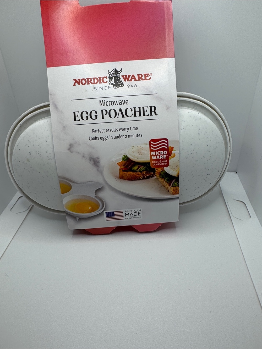 Nordic Ware Speckled White Microwave Egg Poacher with Red Sleeve